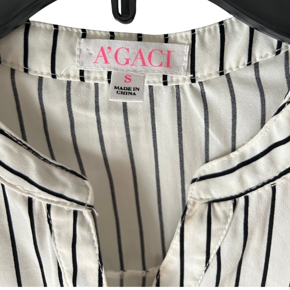 White Striped Button-Down Top – Black Vertical Stripes, Roll-Tab Sleeves - Picture 2 of 3